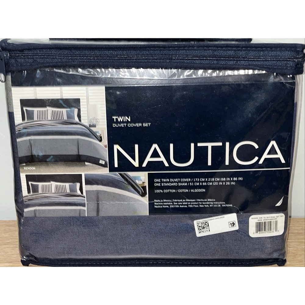 NAUTICA Home Twin Duvet Cover Set RENDON Blue Stripe Pattern 100% Cotton NWT